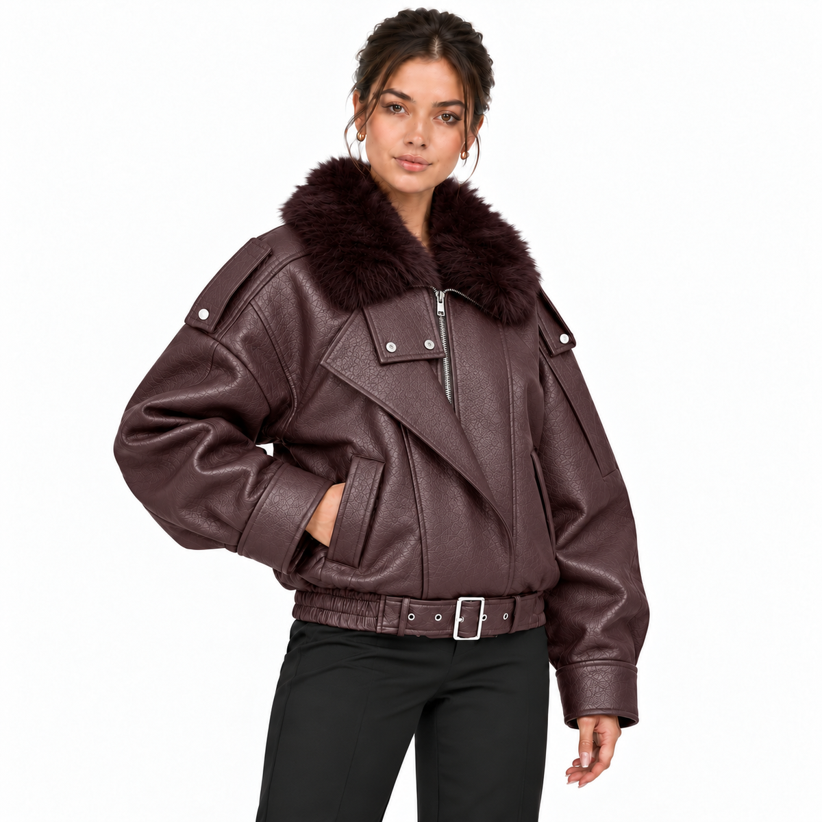 Blouson femme effet cuir à col fourrure et ceinture