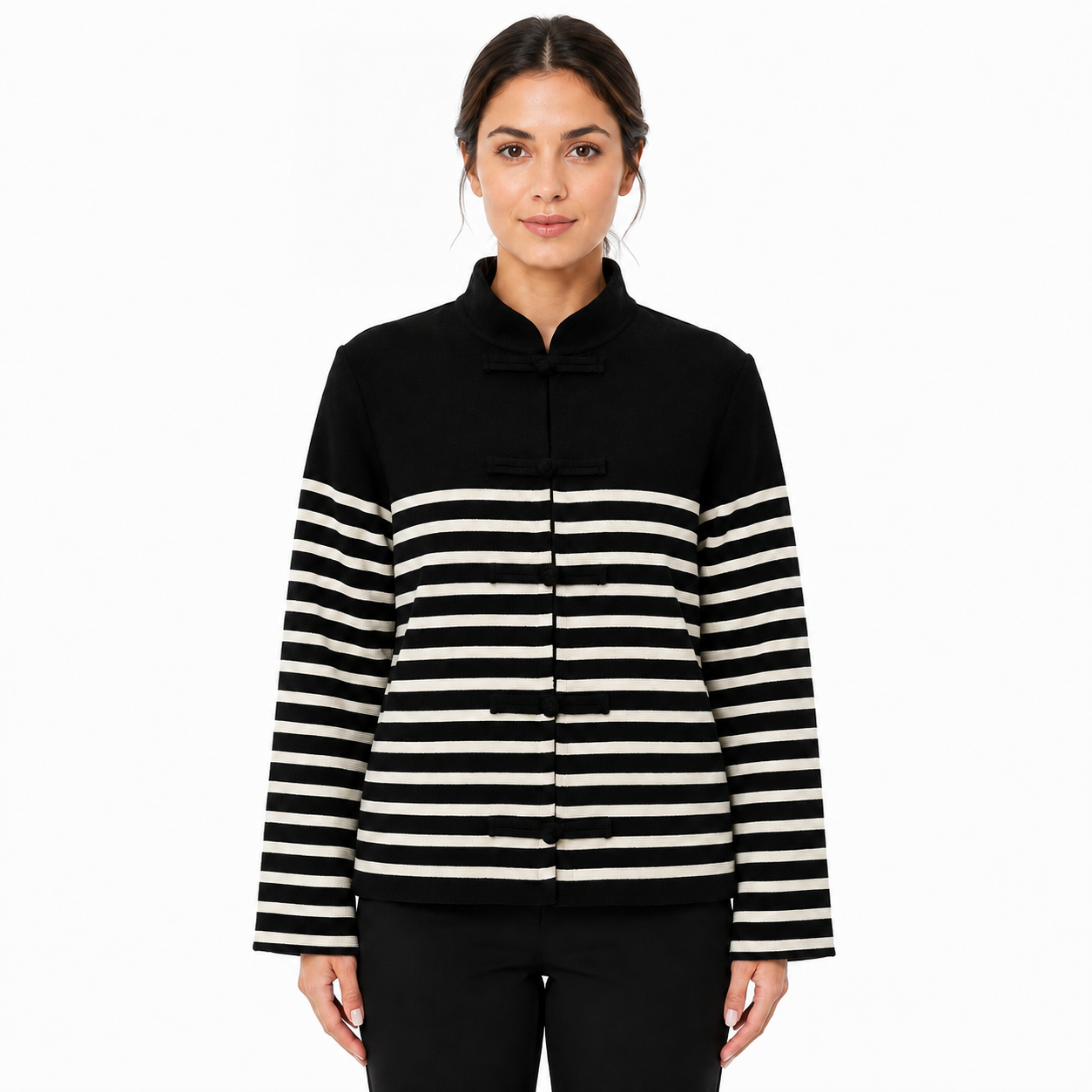 Gilet Marinière Femme en Maille à Col Montant et Attaches Chinoises