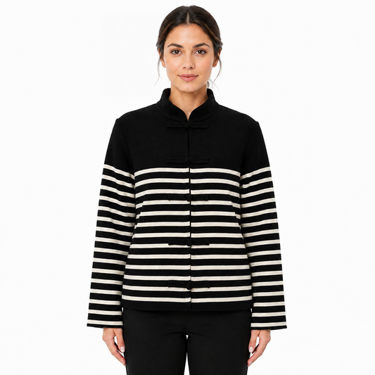 Gilet Marinière Femme en Maille à Col Montant et Attaches Chinoises
