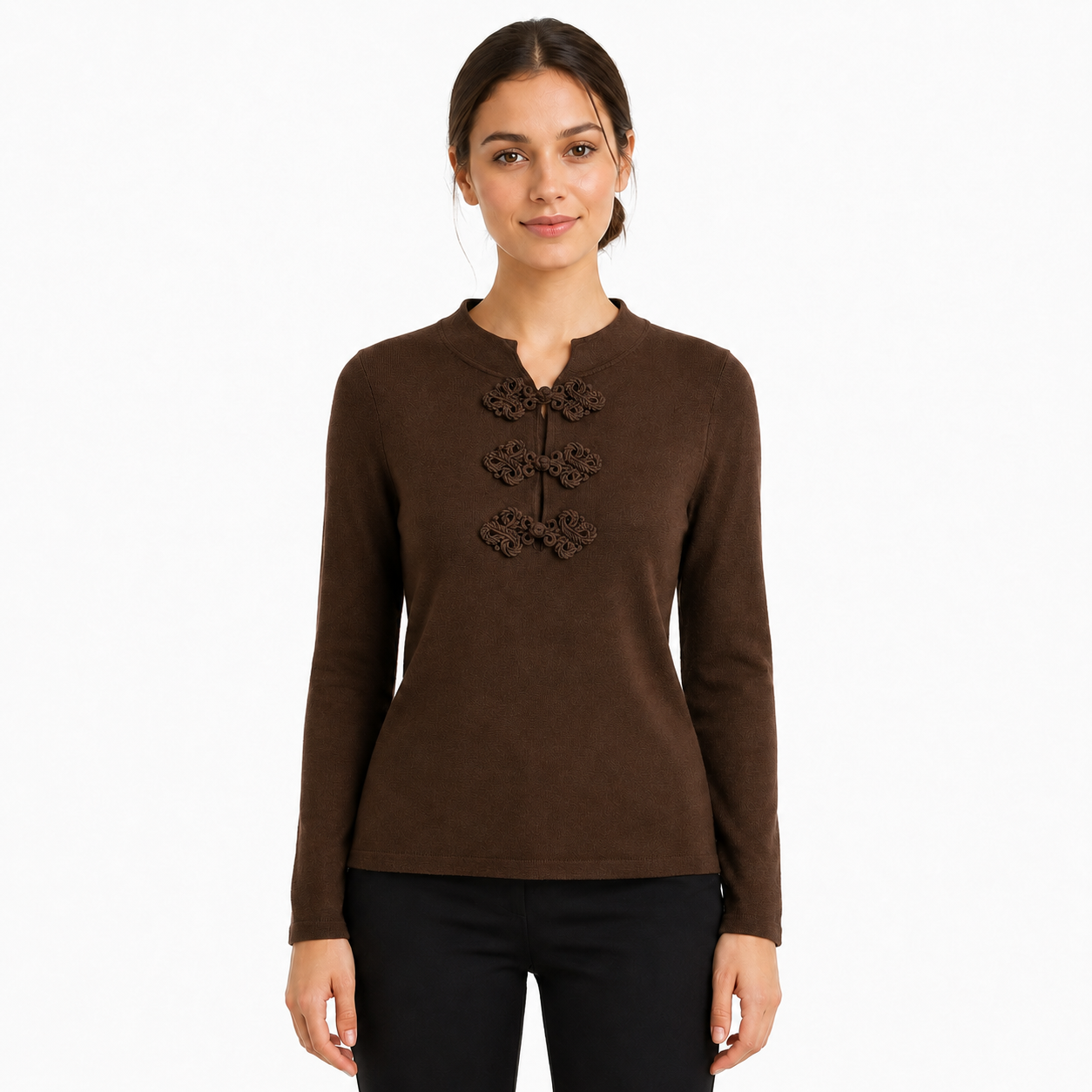 Pull Femme en Maille Fine à Attaches Chinoises Décoratives