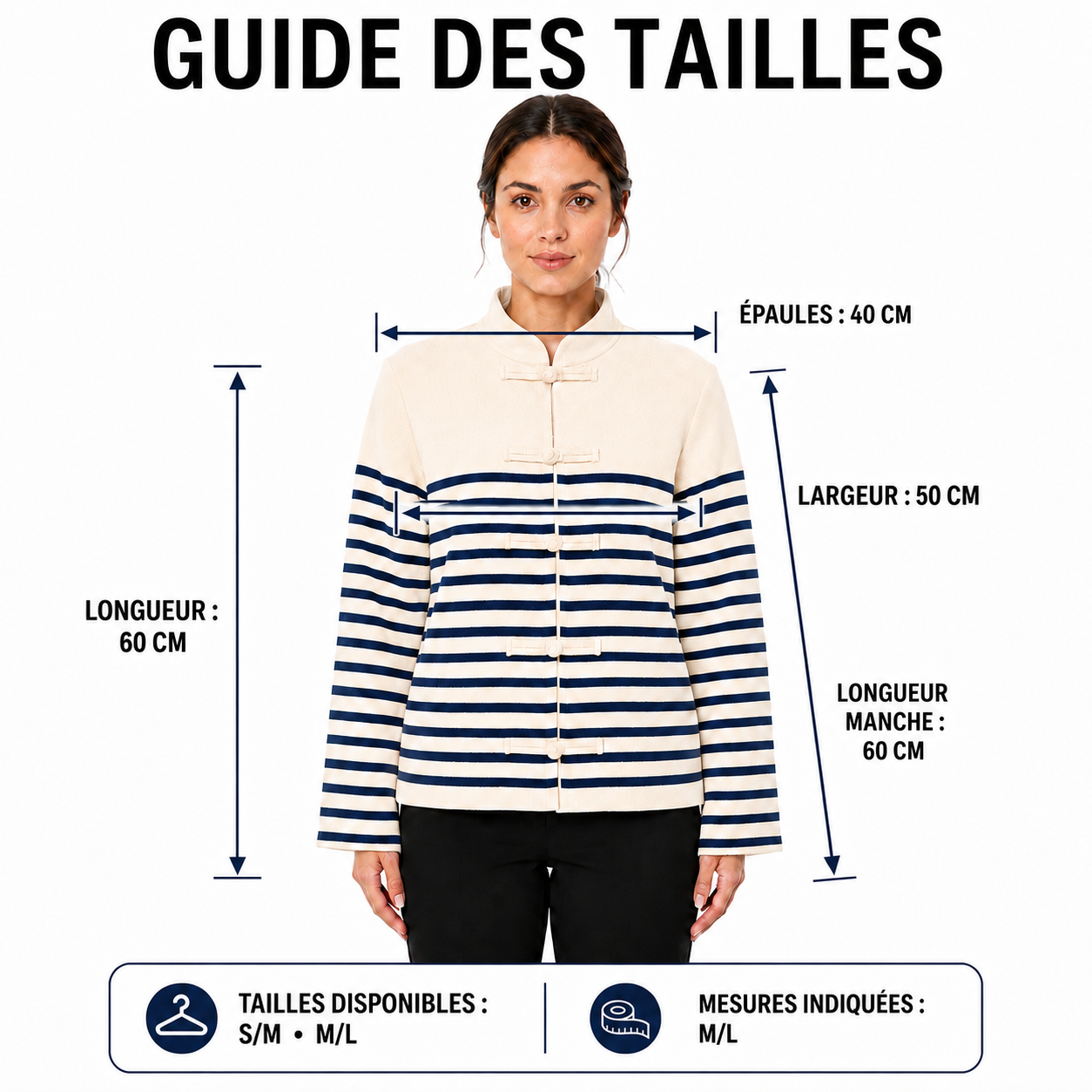 Gilet Marinière Femme en Maille à Col Montant et Attaches Chinoises