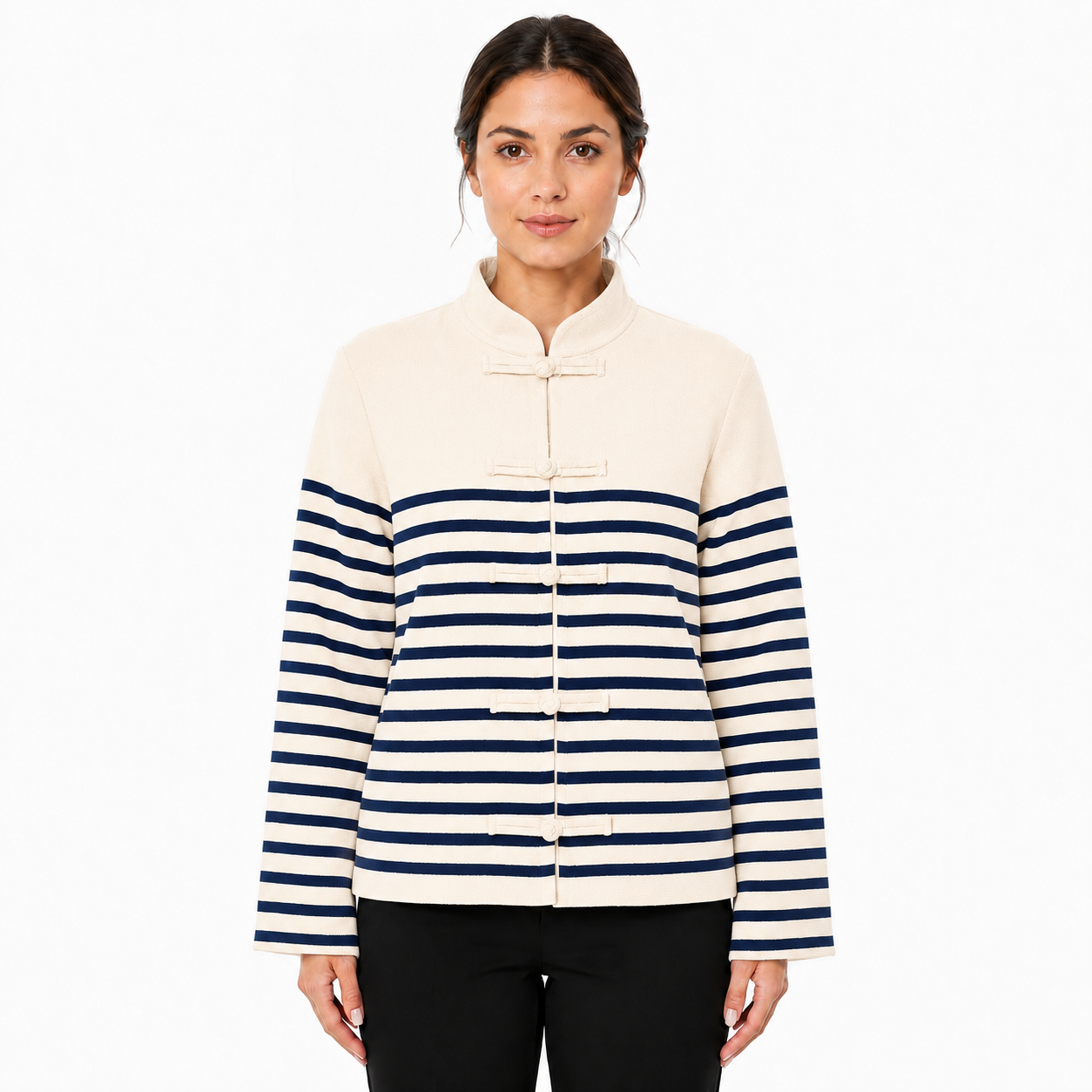 Gilet Marinière Femme en Maille à Col Montant et Attaches Chinoises
