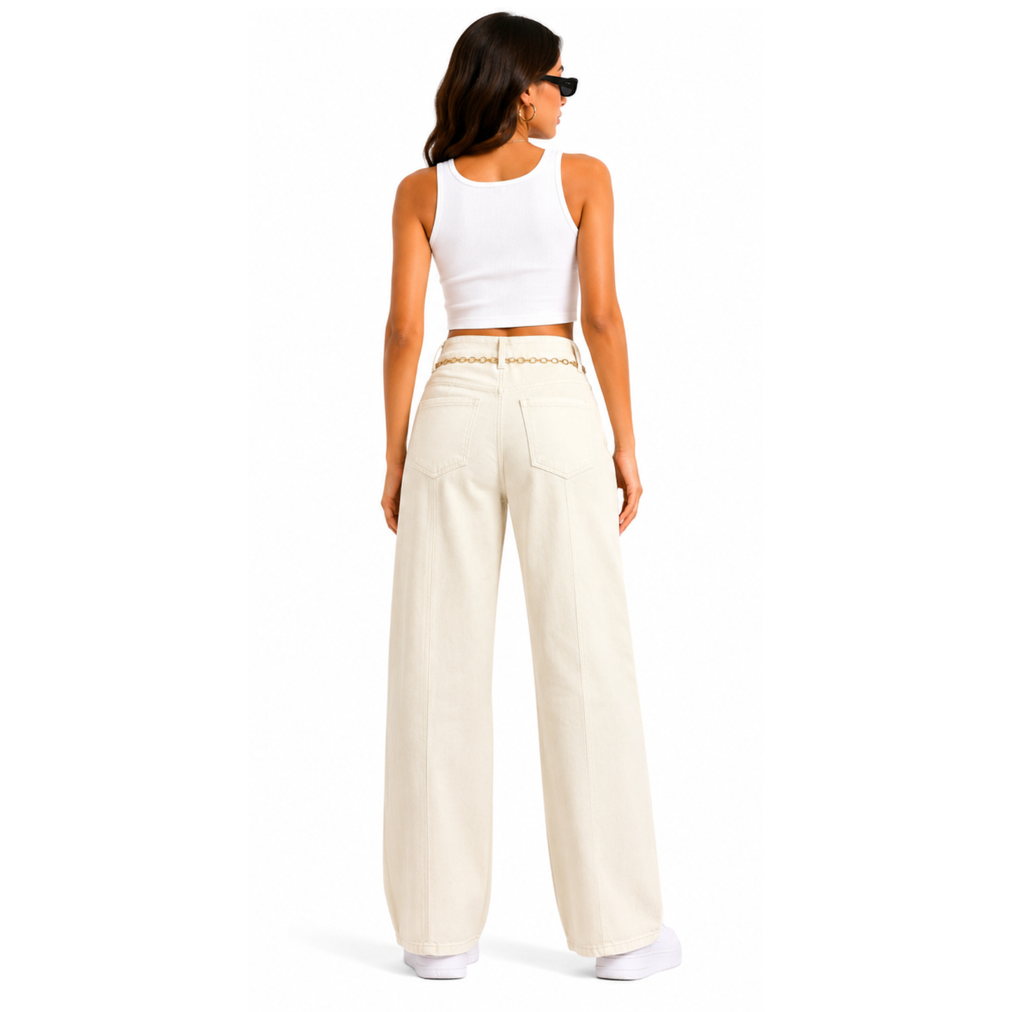Jean Wide Leg Beige Chaîne Strass Femme Coupe Large