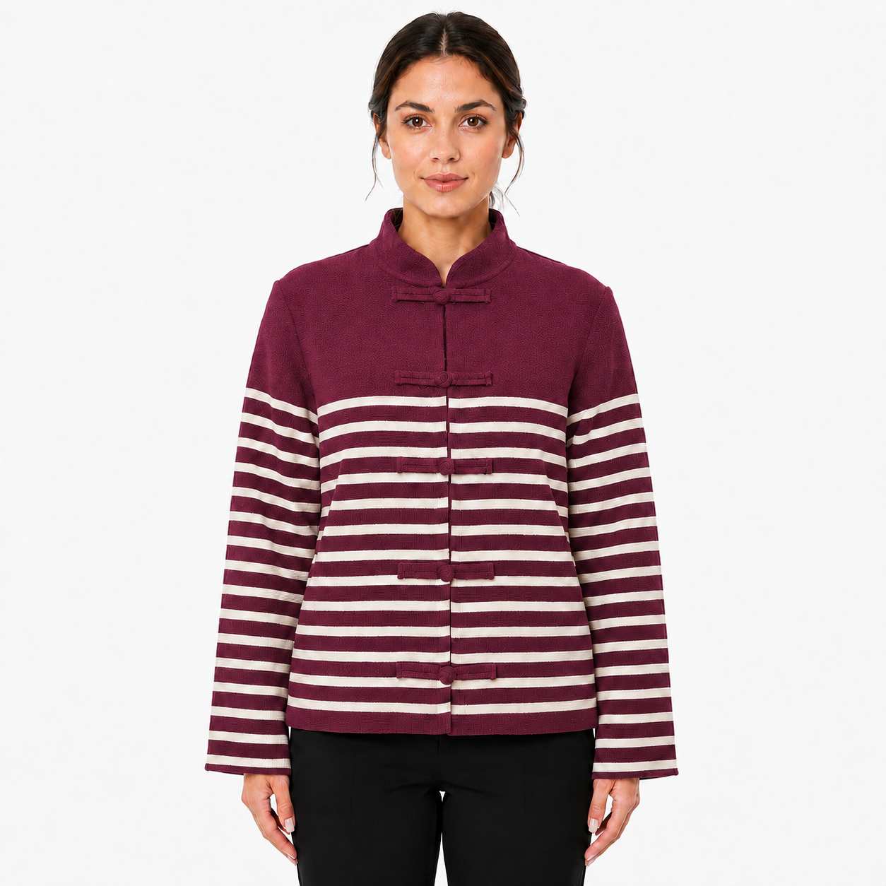 Gilet Marinière Femme en Maille à Col Montant et Attaches Chinoises